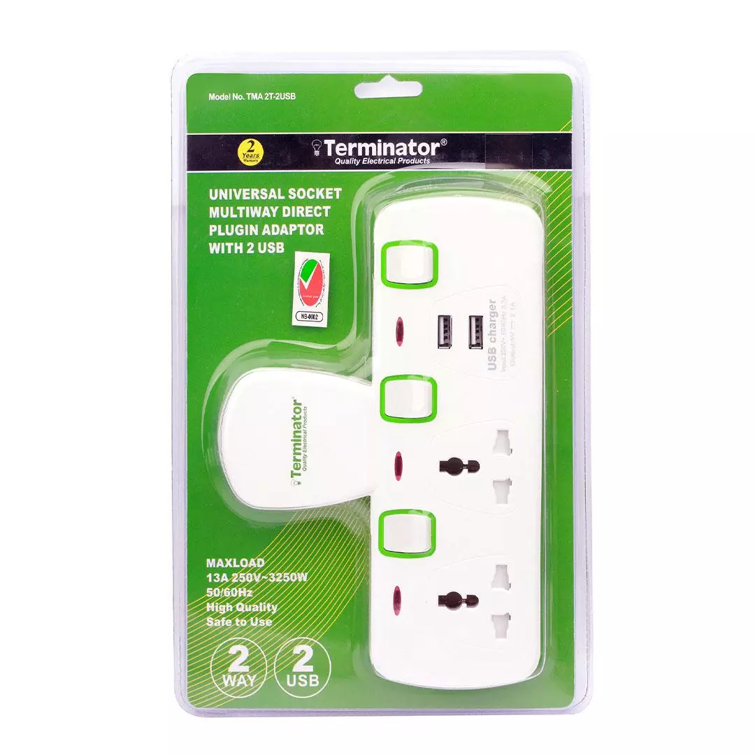 Terminator 2 Way Universal T Socket With 2usb, 2.1ah Individual Switch And  Indicator With Fused In White Color