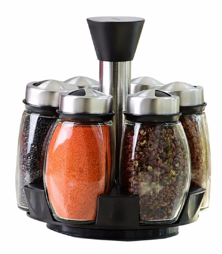 Glass Spice Jar Set With Rotating Lid 6 Piece Shaker Salt Pepper